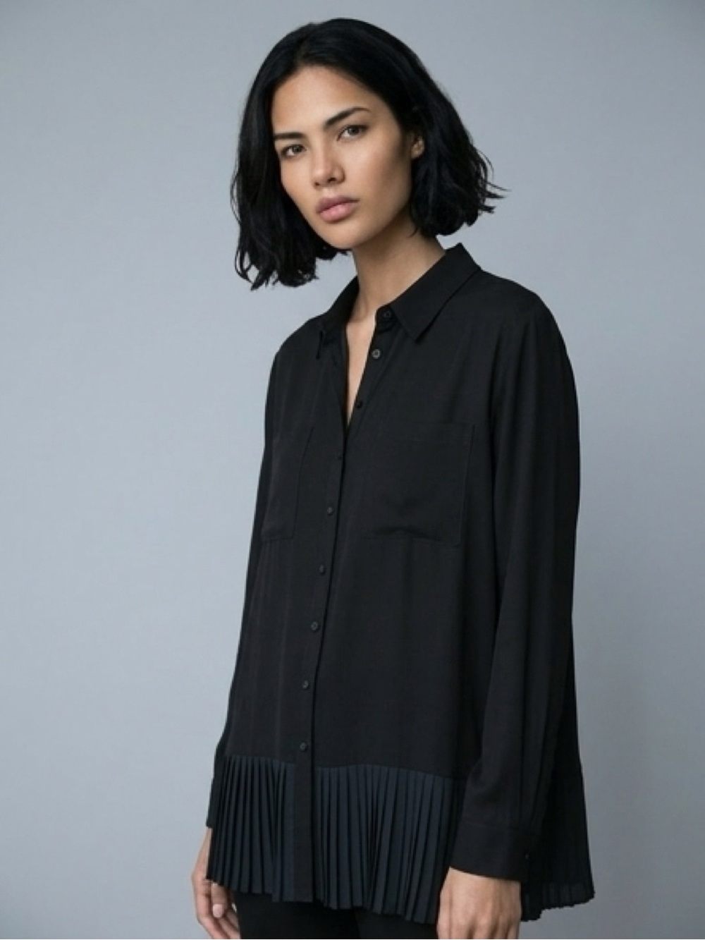 Anthropologie Long Sleeve Satin Black Button Up Blouse Size XL